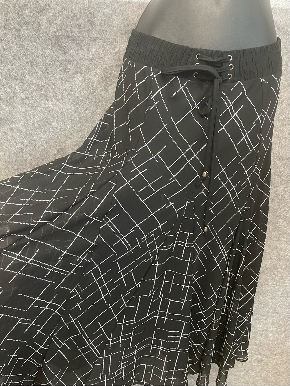 Lapis Black Abstract Print Flared Midi Skirt Drawstring Small Y2K Office Siren